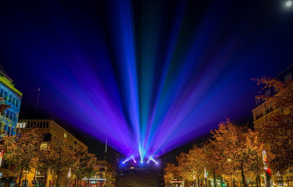 night shot, long exposure, light rays, light, lighting, projector, multicoloured, night, eve, dark, projector, projector, projector, projector, projector